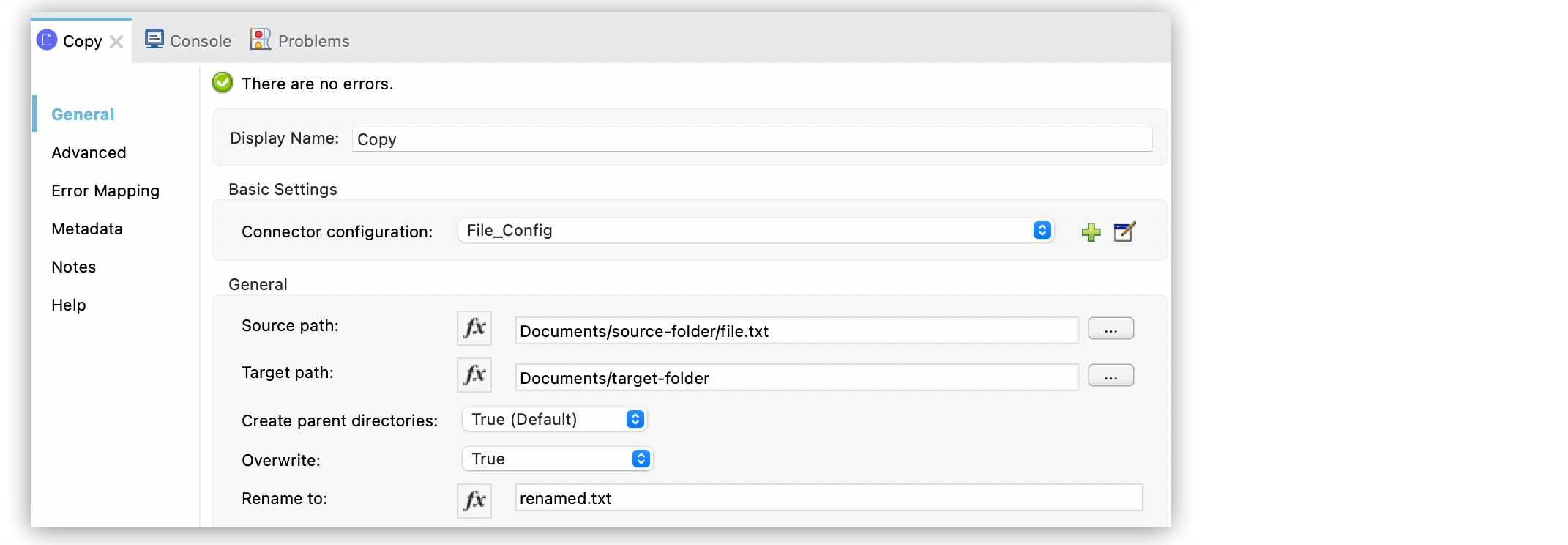 Copy operation configuration in Studio