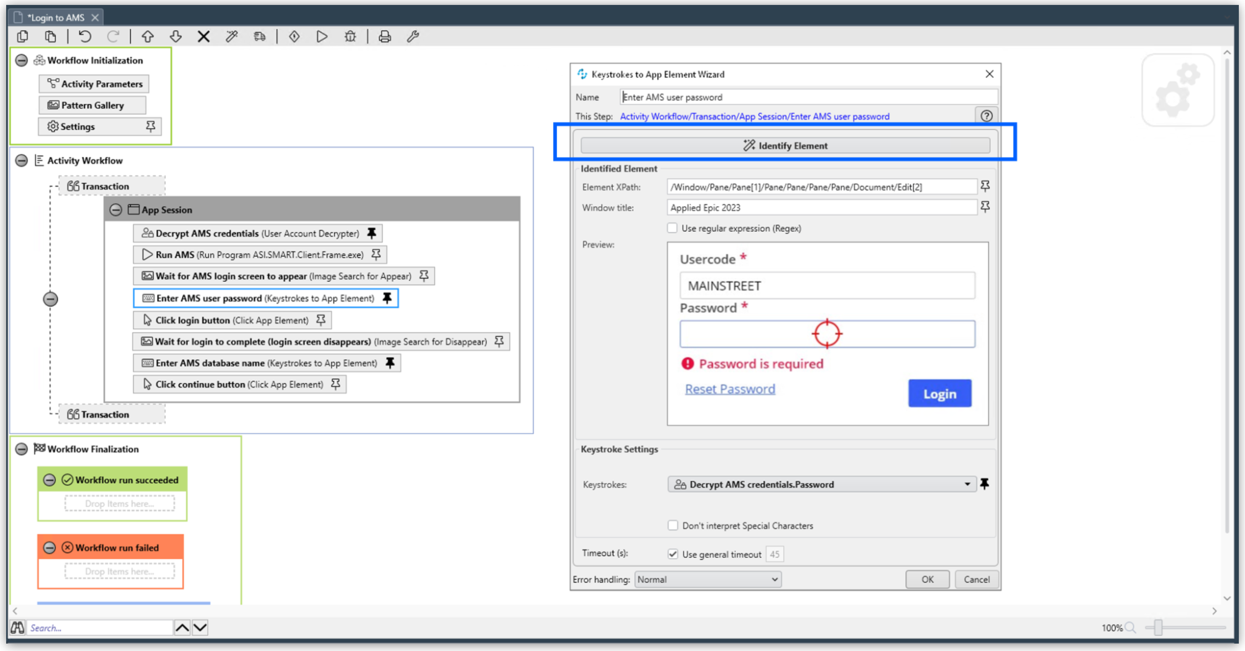 RPA Builder Keystrokes to App Element Wizard