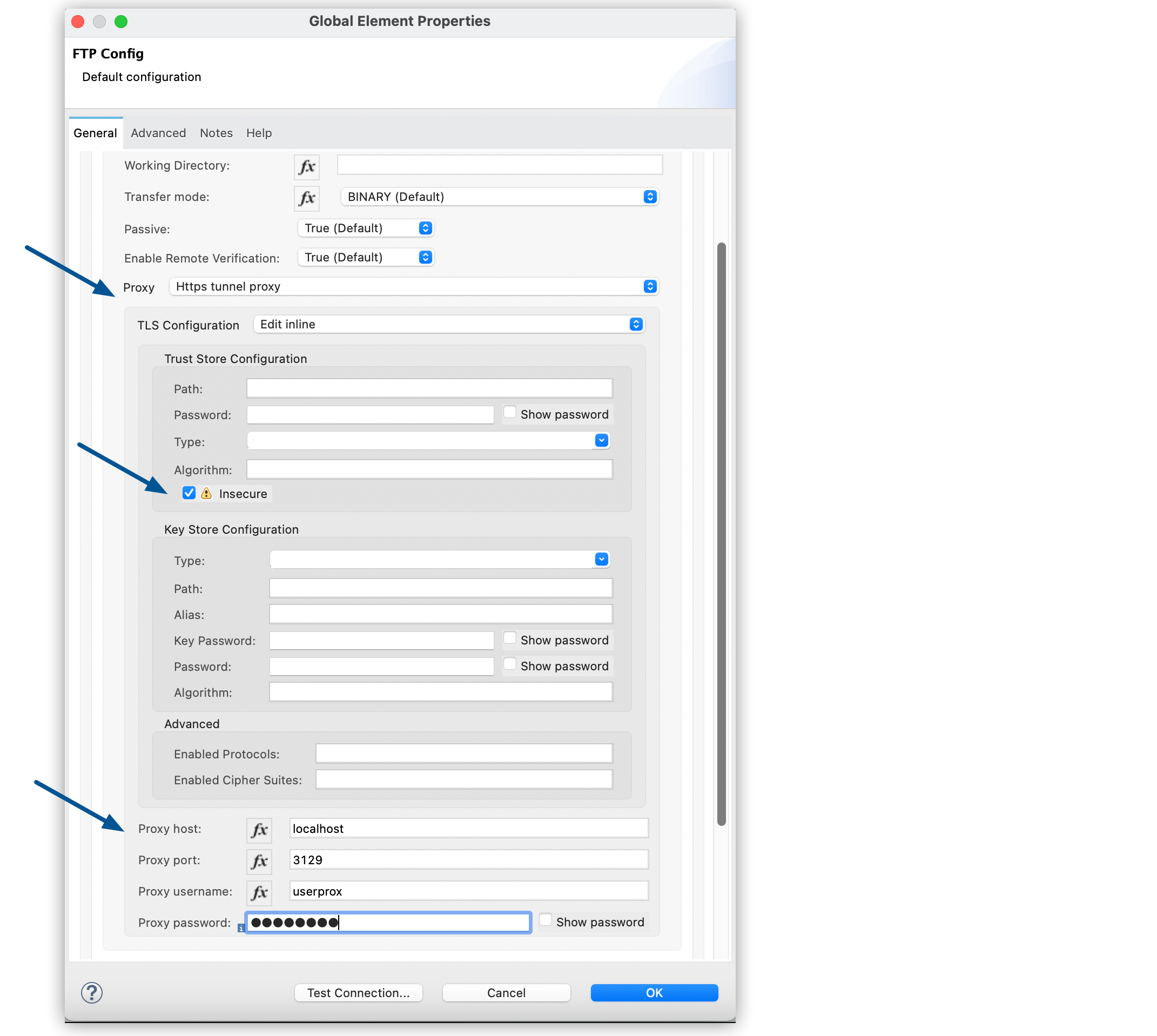 FTP Connector Global Element Configuration window with Proxy field set to HTTPS tunnel proxy