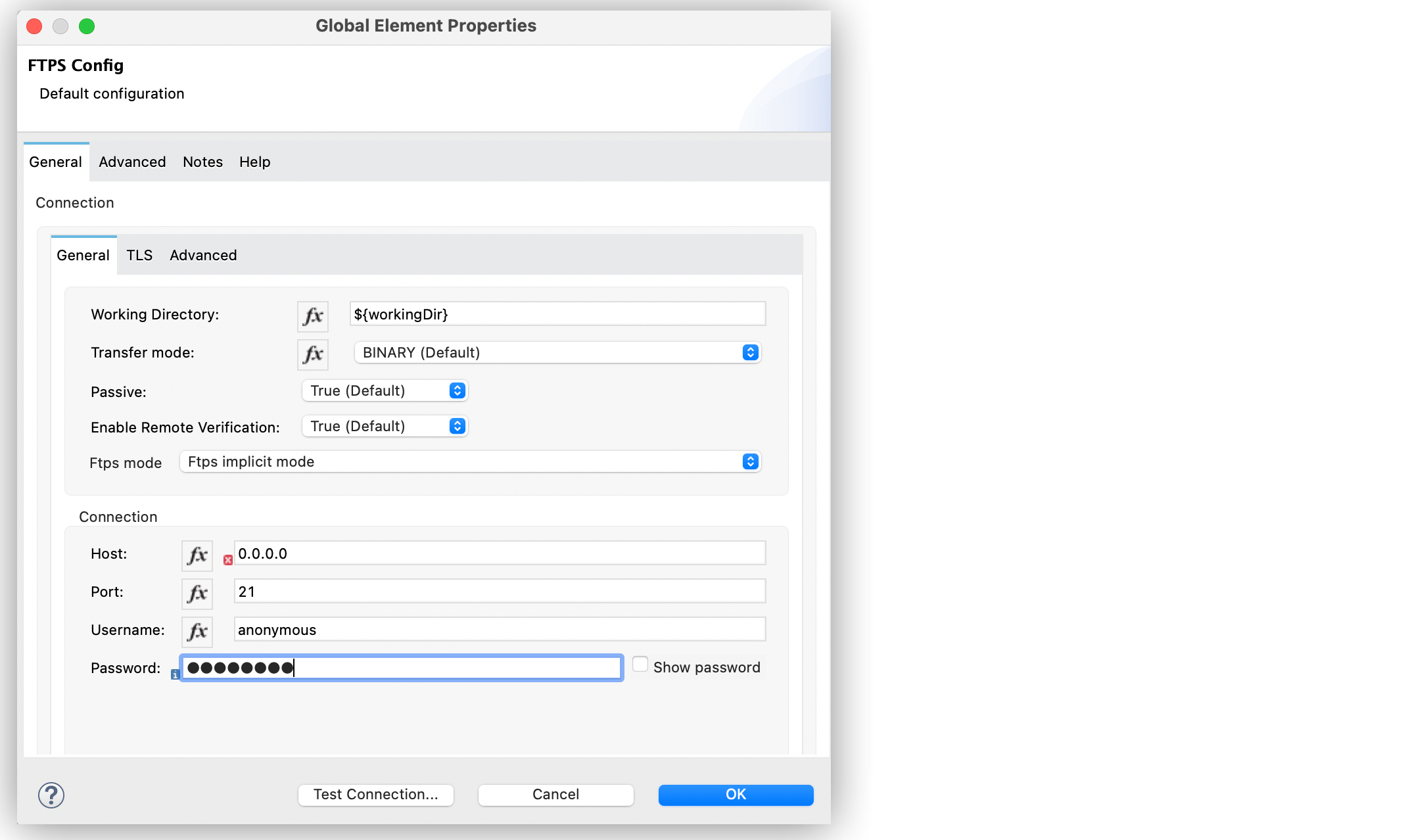 FTPS Connector implicit mode configuration in Studio