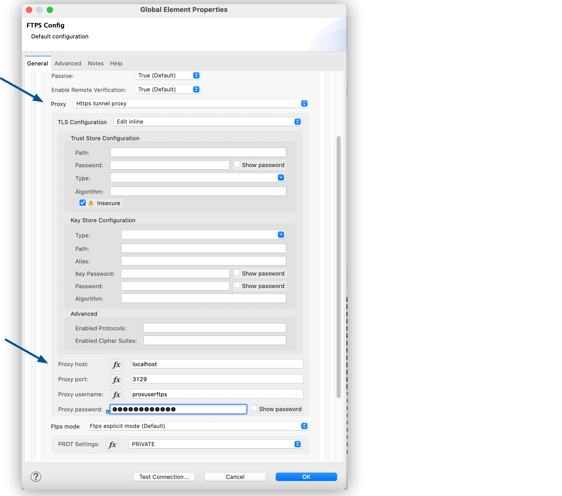 FTPS Connector Global Element Configuration window with Proxy field set to HTTPS tunnel proxy