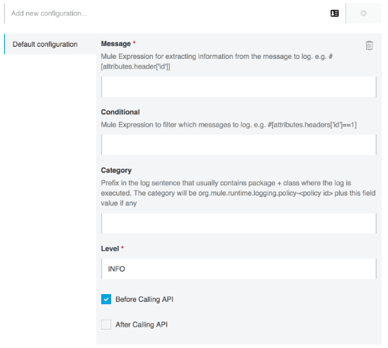 A form with text fields and checkboxes to set up new logging configurations