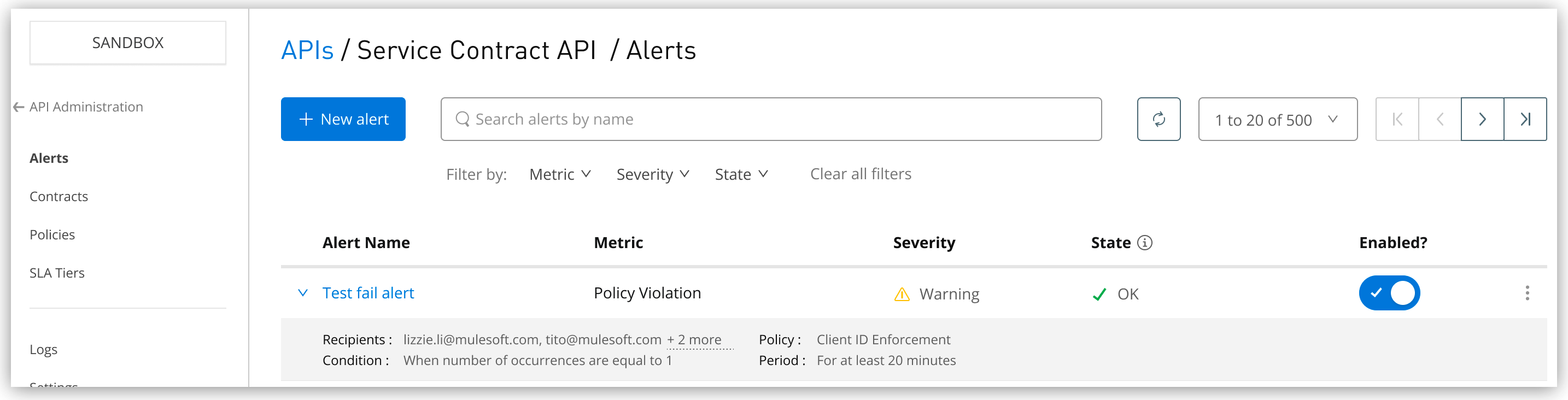 A table of API service contract alerts with an expanded alert named 'Test fail alert'