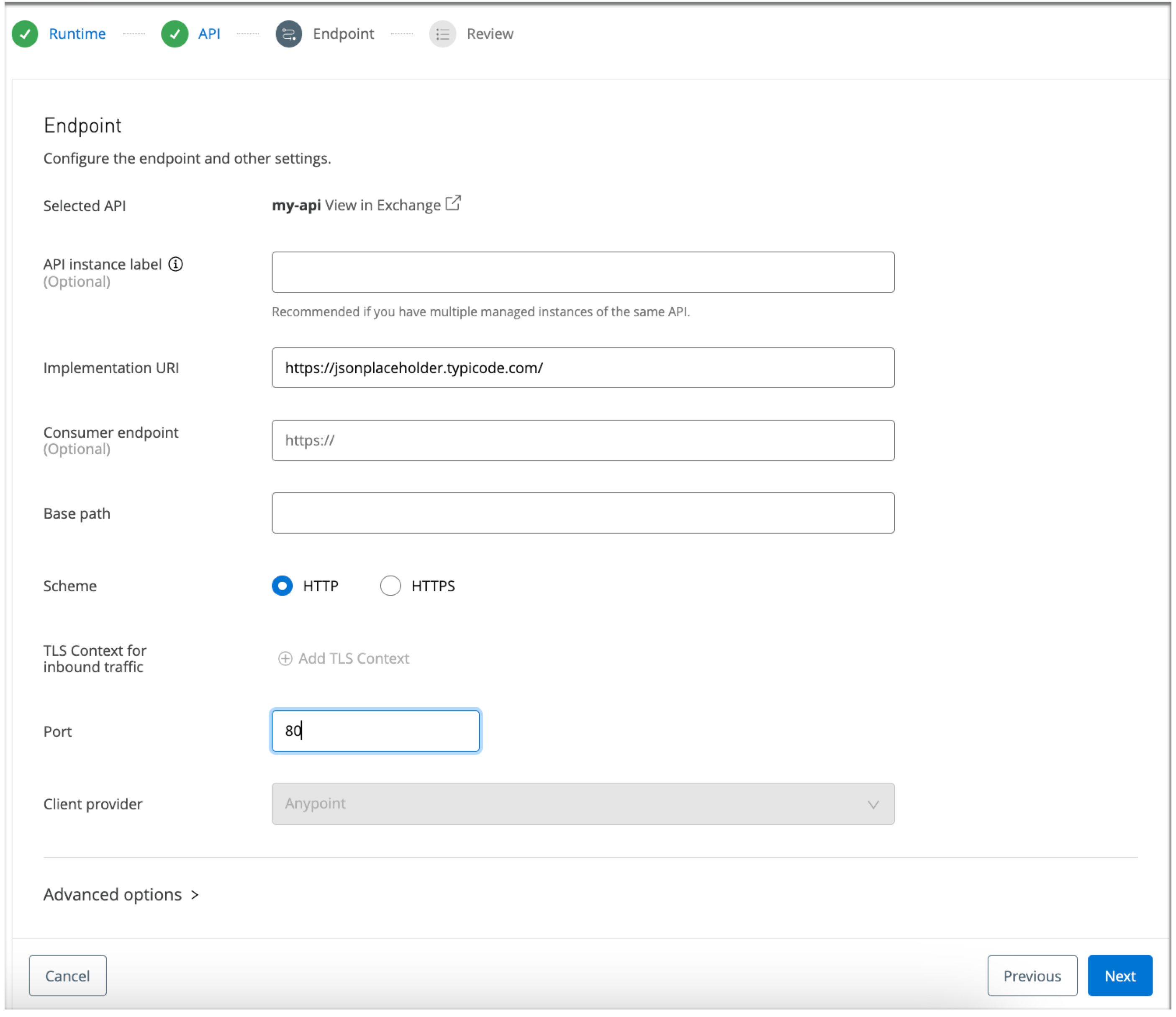A form for configuring endpoint settings