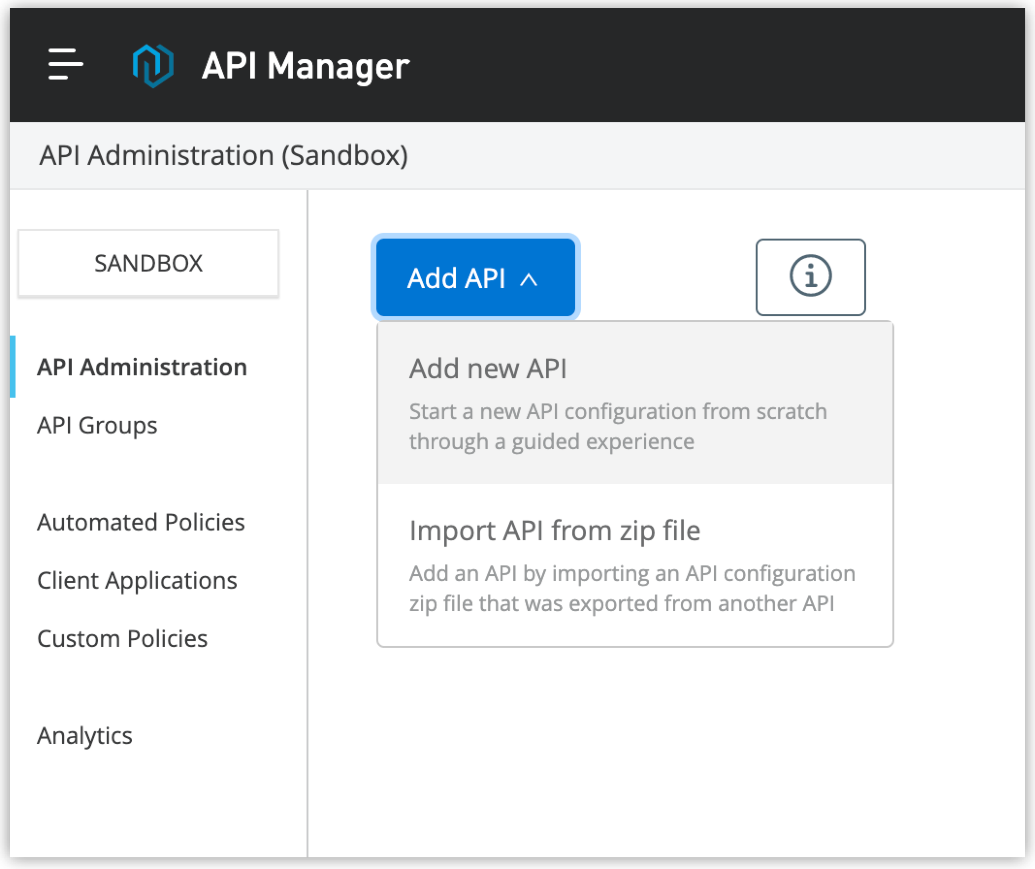 Add new API page with Add new API selected