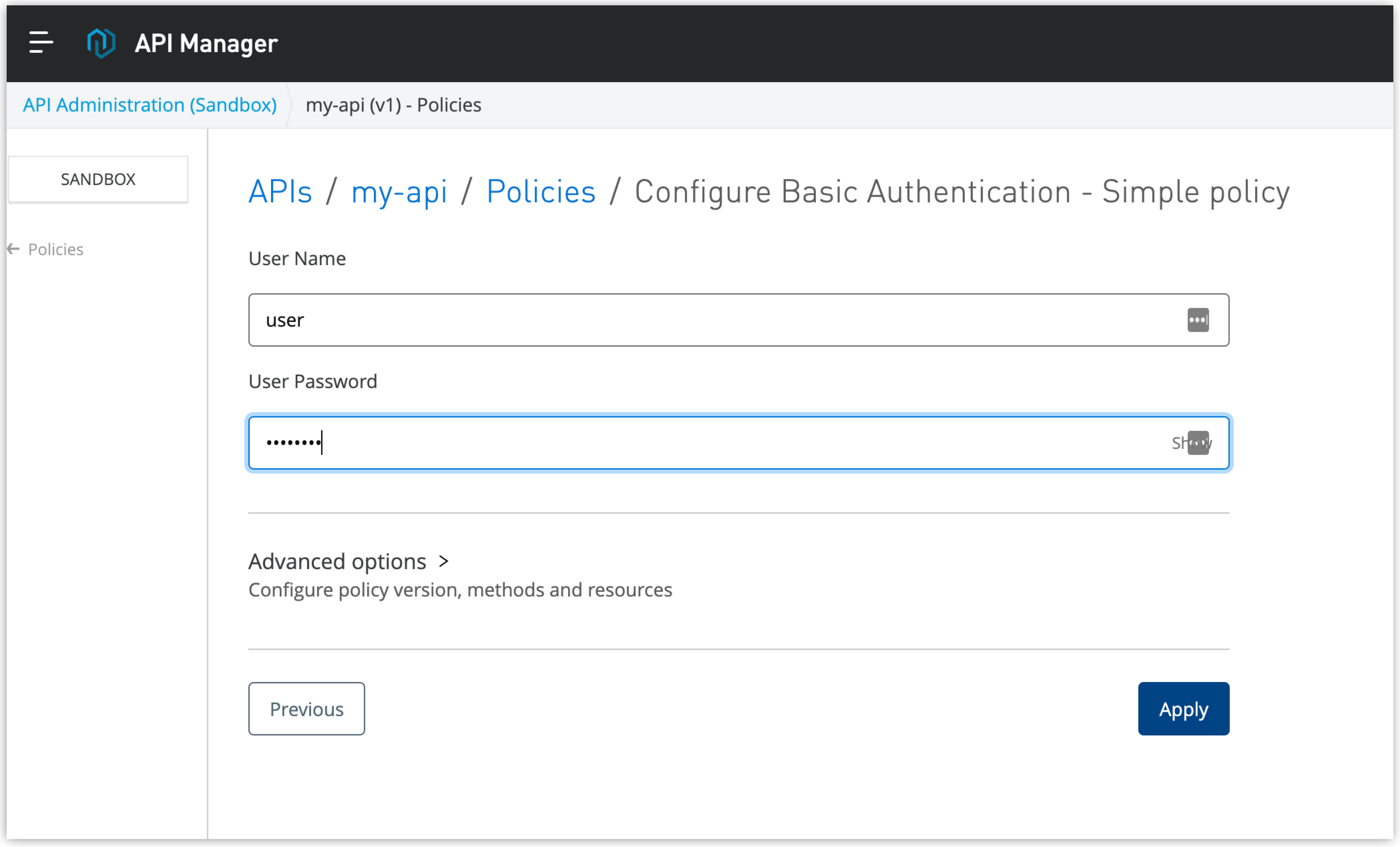 Configure Basic Authentication Policy page with User Password field selected