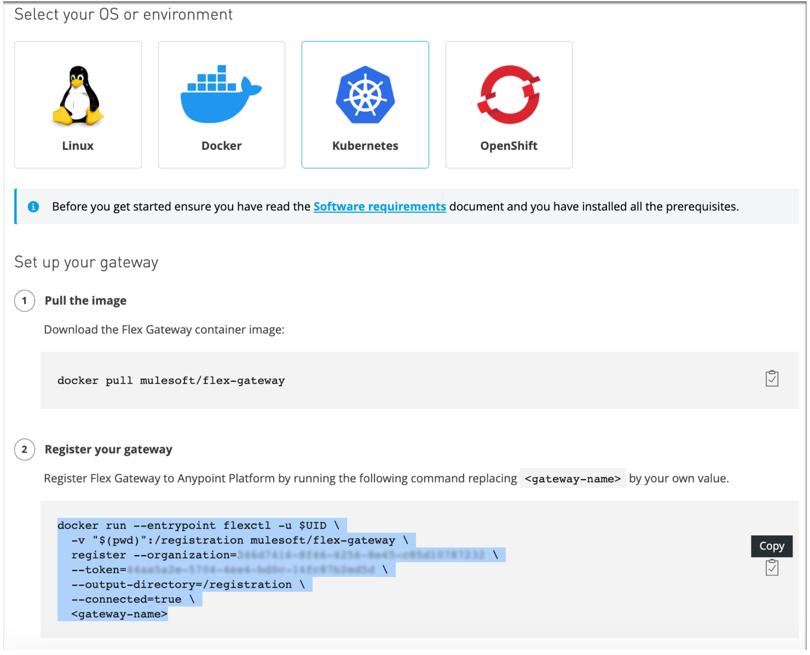 Add registration code block from Add a Flex Gateway page