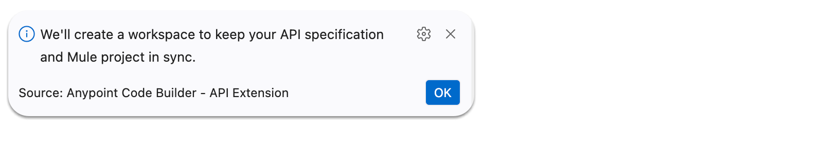 Prompt: We’ll create a workspace to keep your API spec and Mule project in sync.