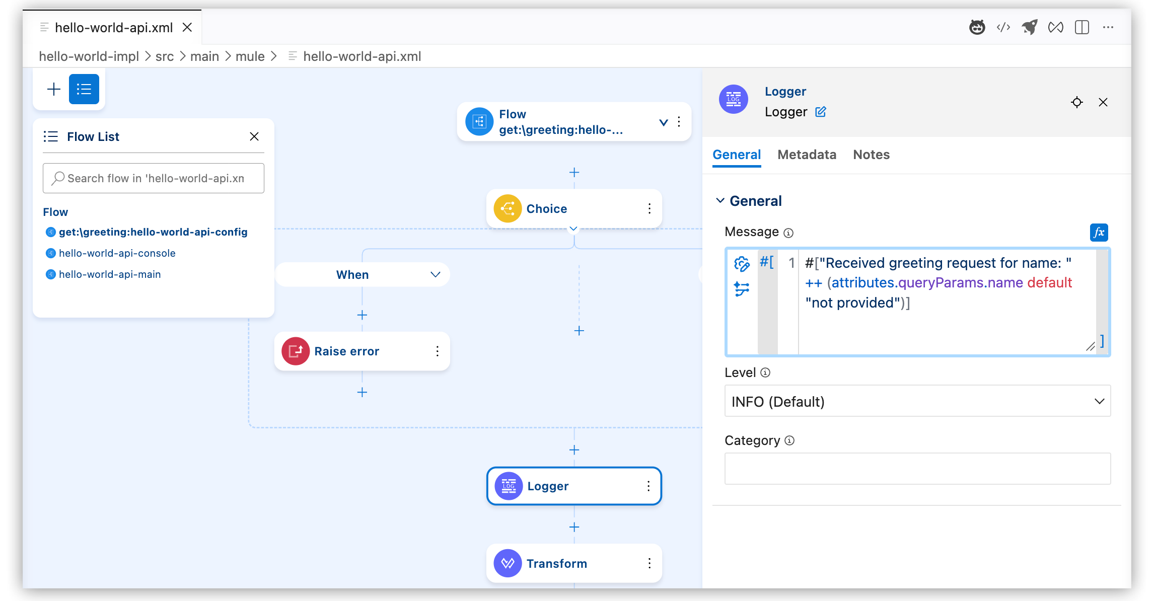 The Logger component with the Message and Level configured