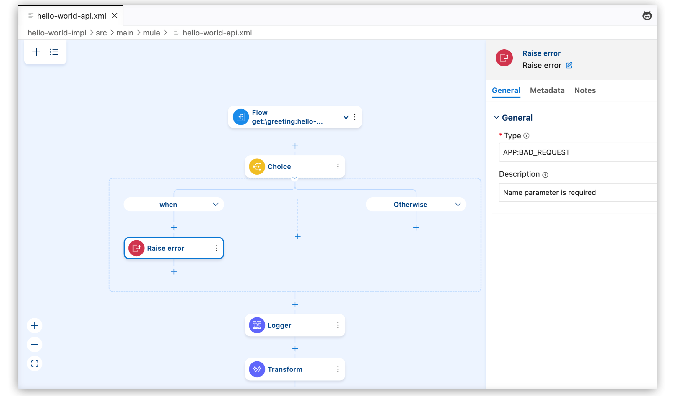 The Raise Error component with the Type and Description configured