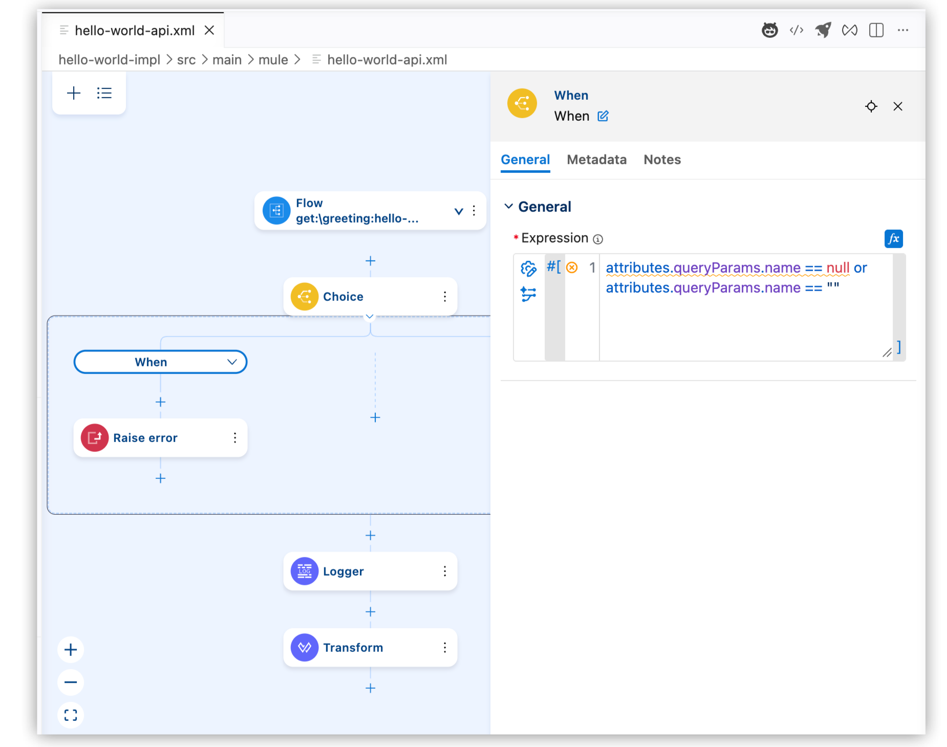 The flow withe the When condition highlighted and the configuration panel with the expression entered