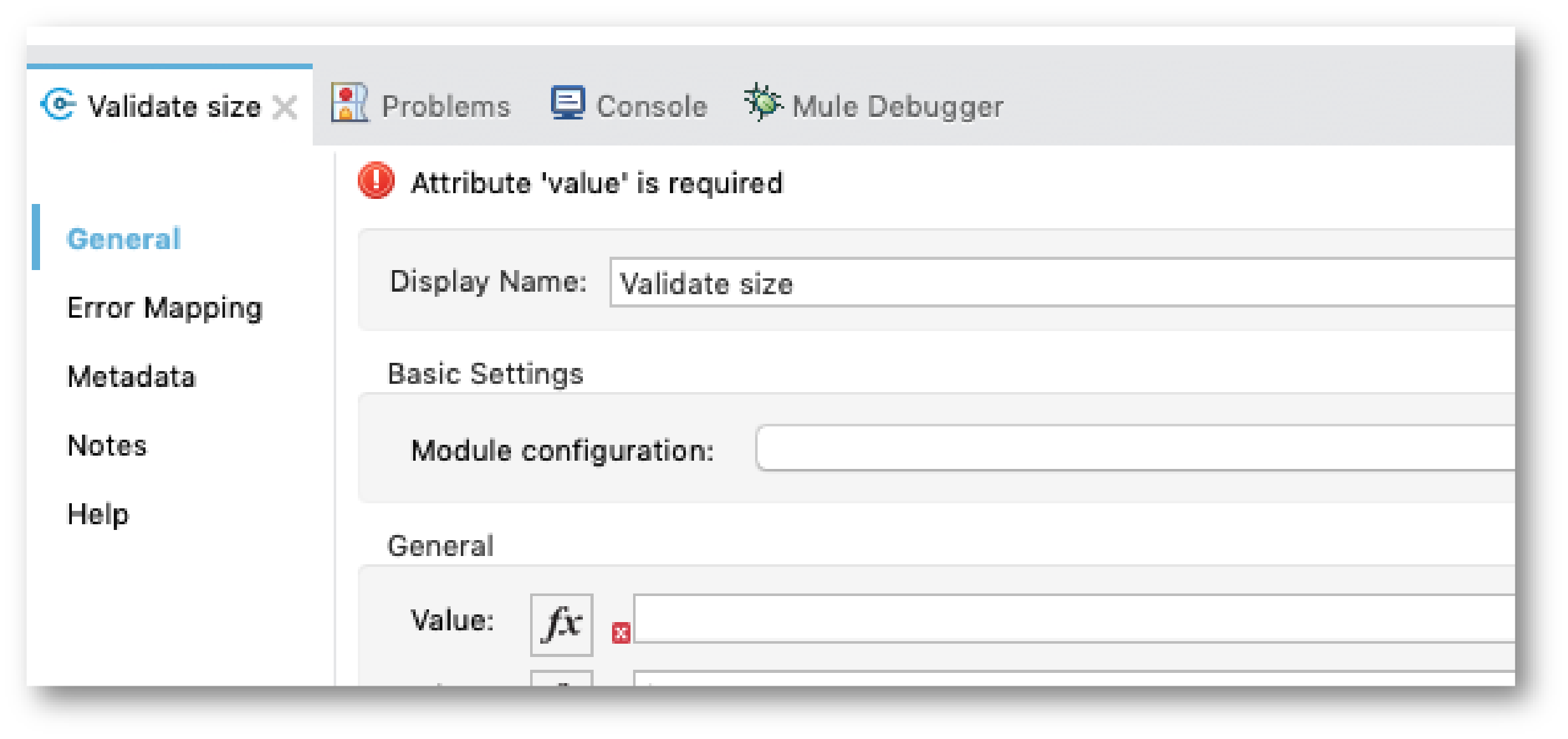 Validate size configuration tab