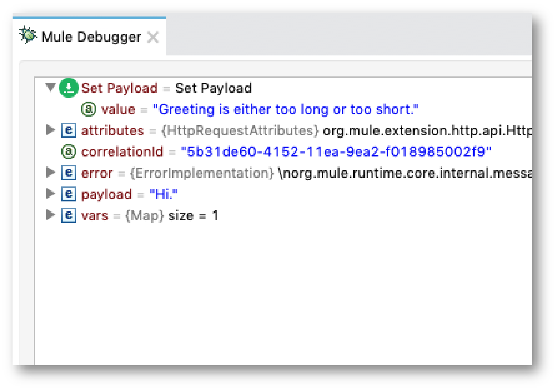 Debugger messages for Set Payload in error handler