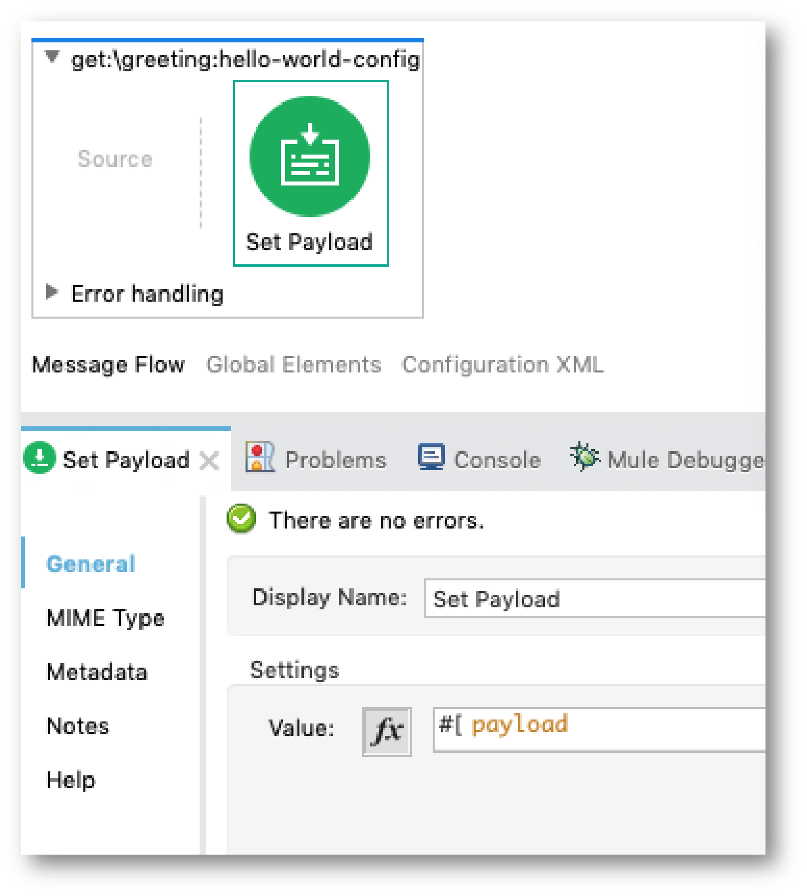 View of canvas and configuration dialog for Set Payload connector