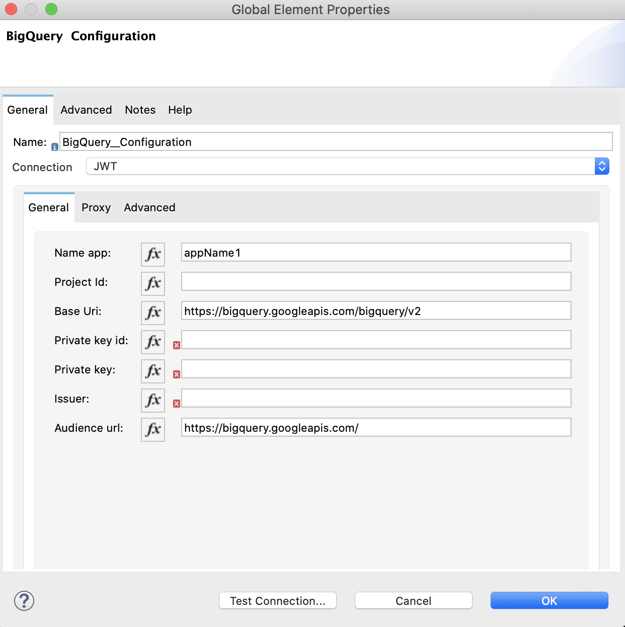 JWT selected in the Connection section and authentication fields completed in the General tab