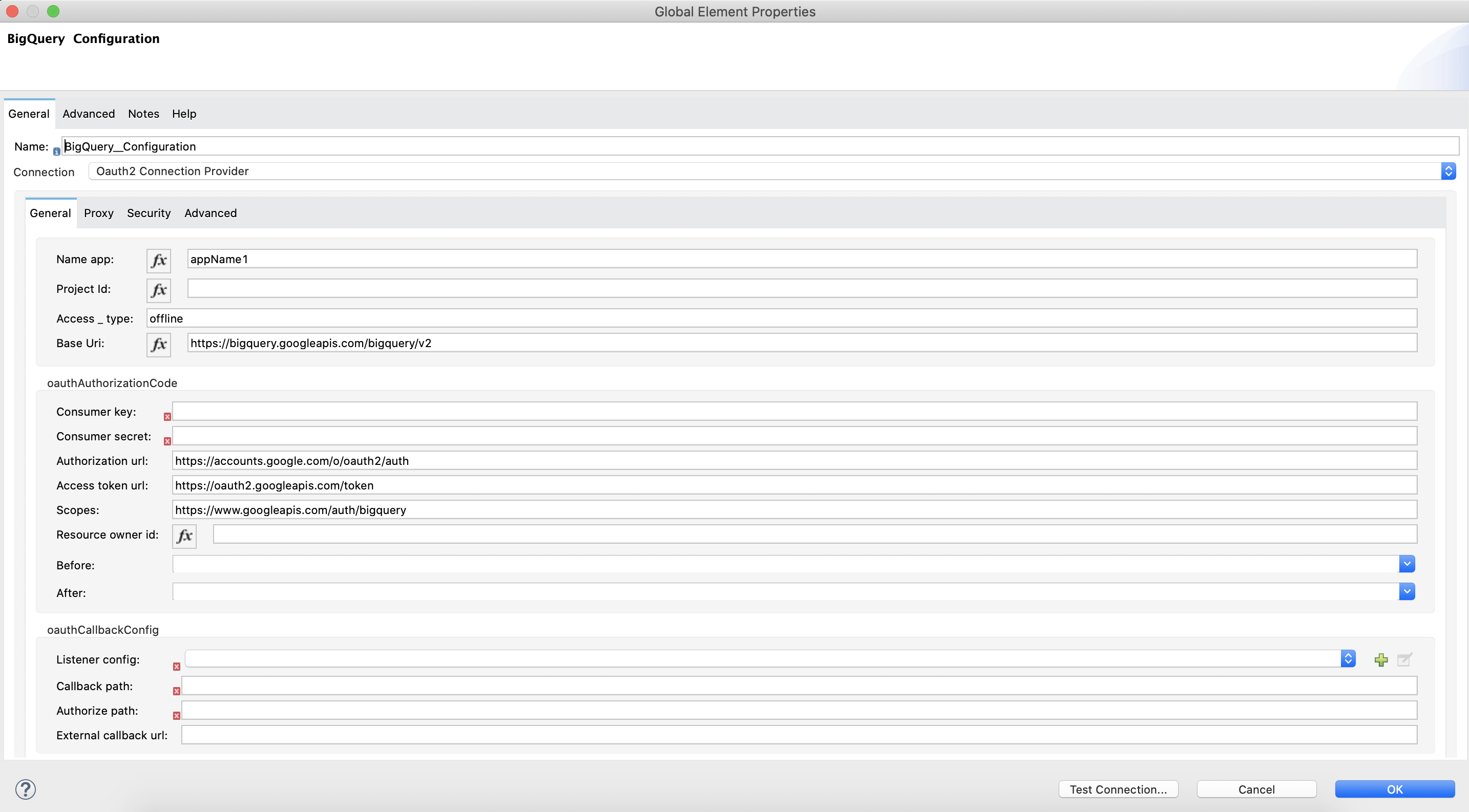 OAuth2 selected in the Connection section and authentication fields completed in the General tab