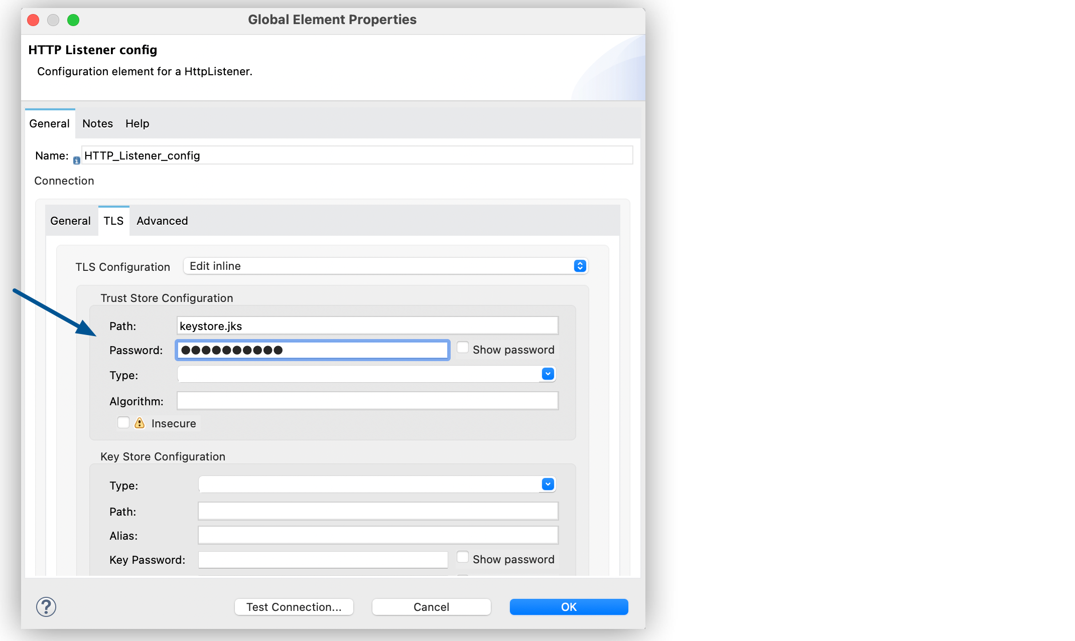 Trust Store Configuration window with Path field set to keystore.jks and Password field to MyP455W0rD