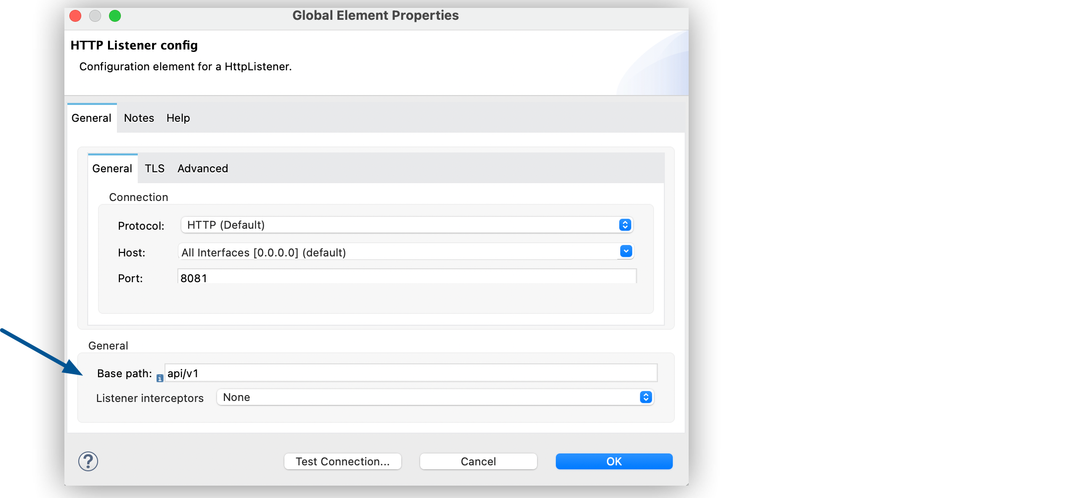 HTTP Listener global configuration window with Base path field set to api/v1