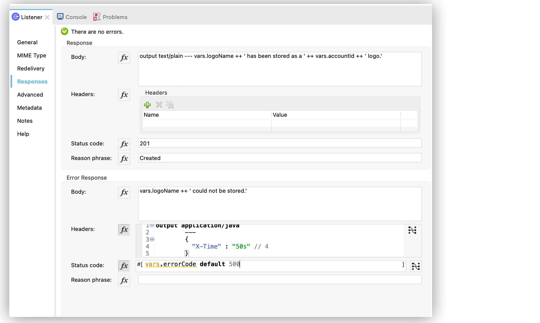 HTTP Listener Responses configuration window with Body