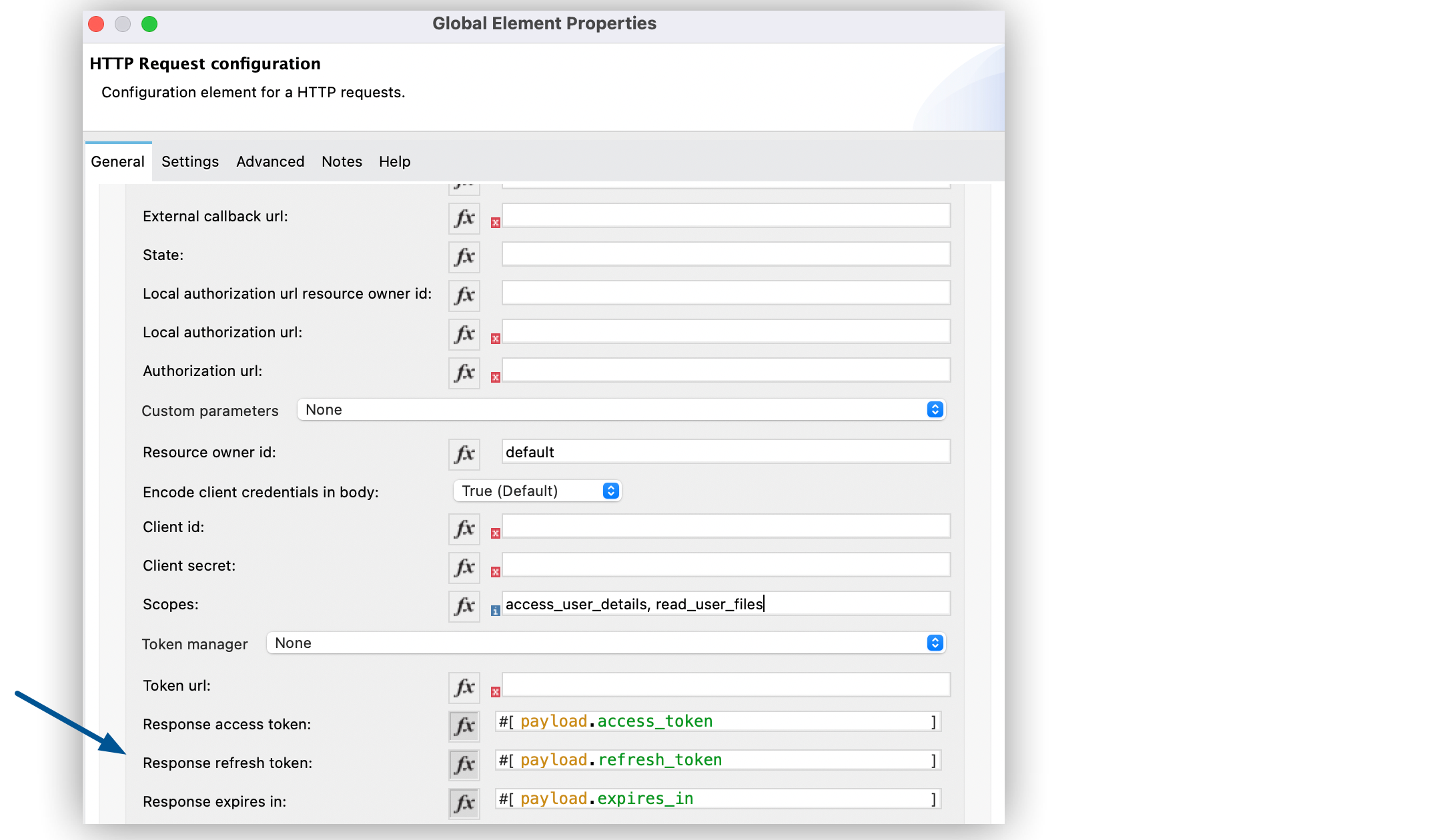 Configure Response access token, Response refresh token, and Response expires in fields for OAuth Authentication