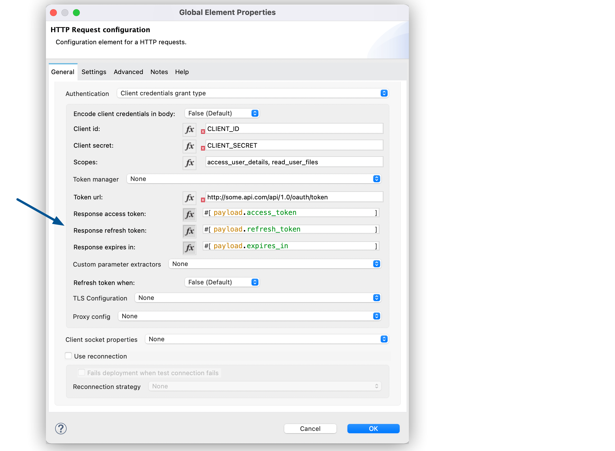 Configure Response access token, Response refresh token, and Response expires in fields for Client credentials grant type