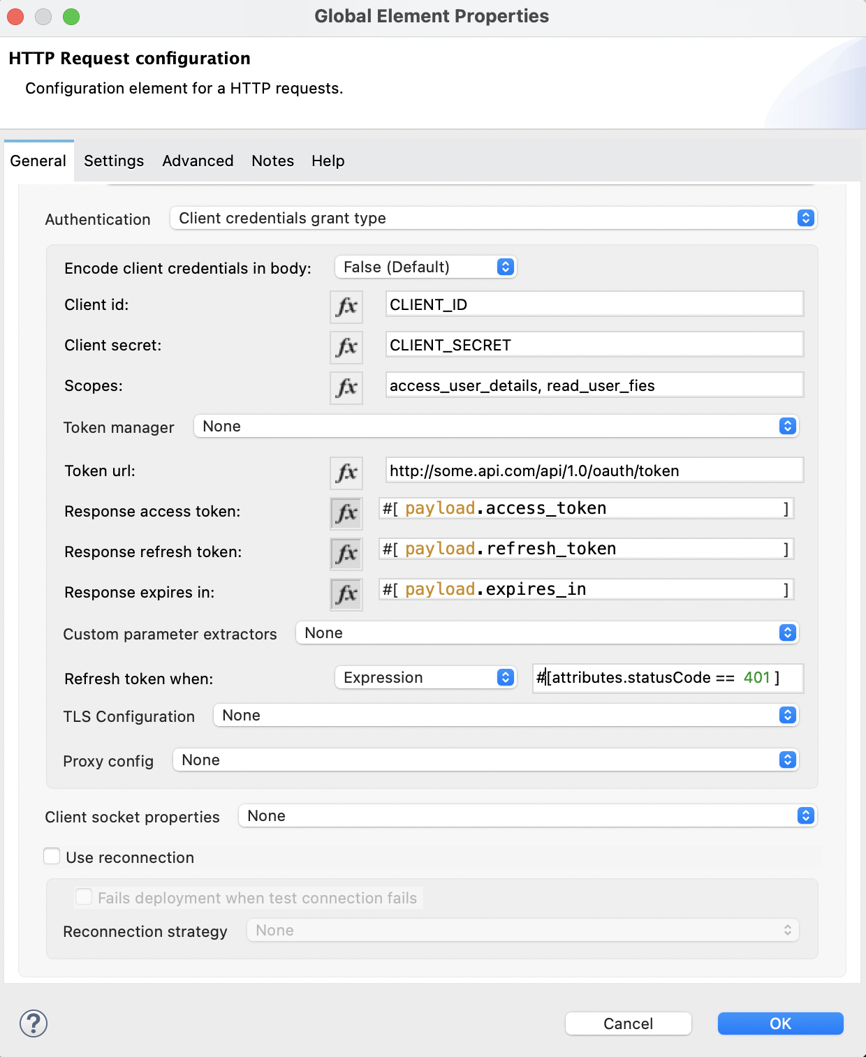 Configure Response Token When field for OAuth2 Client credentials grant type