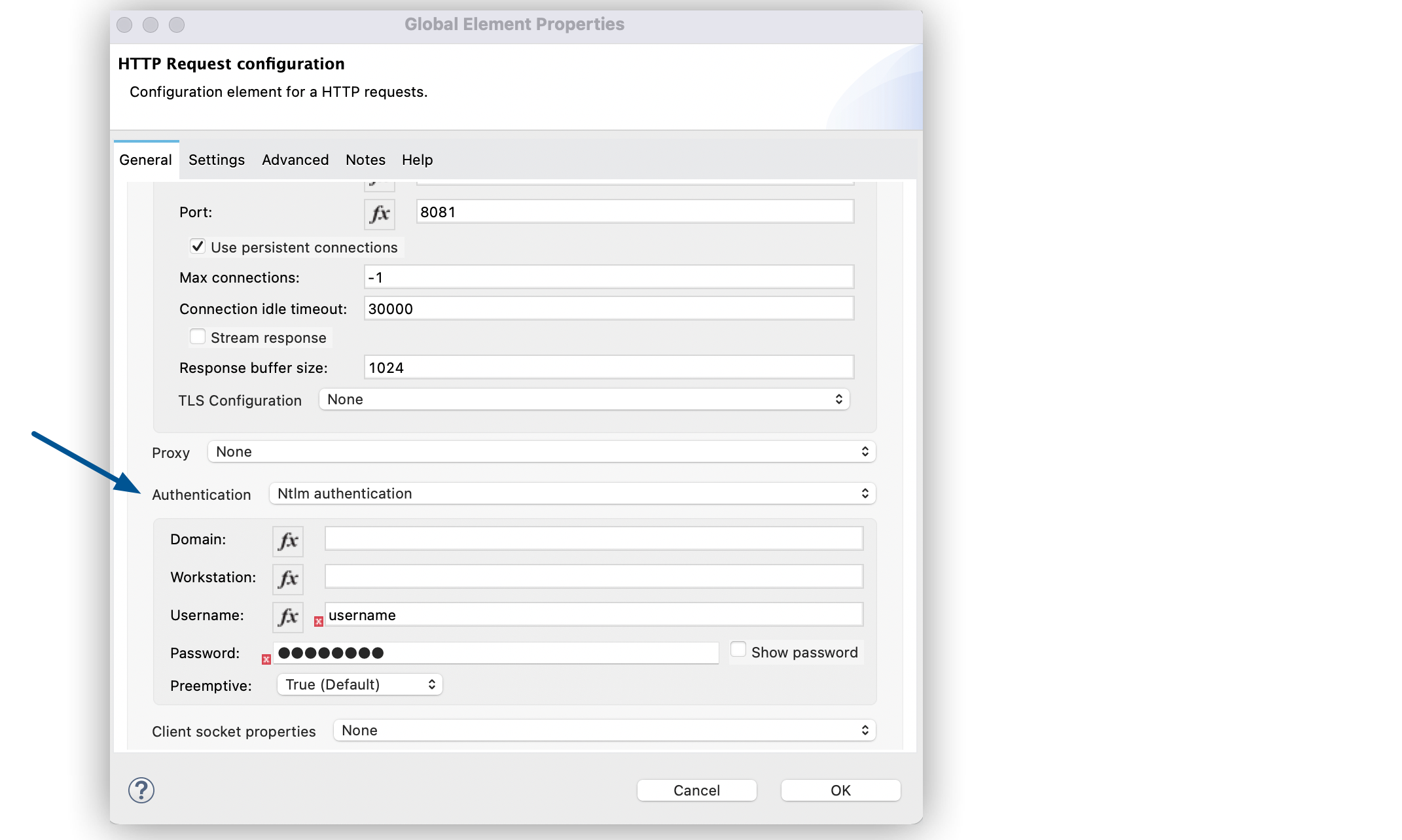 HTTP Request NTLM authentication window configuration