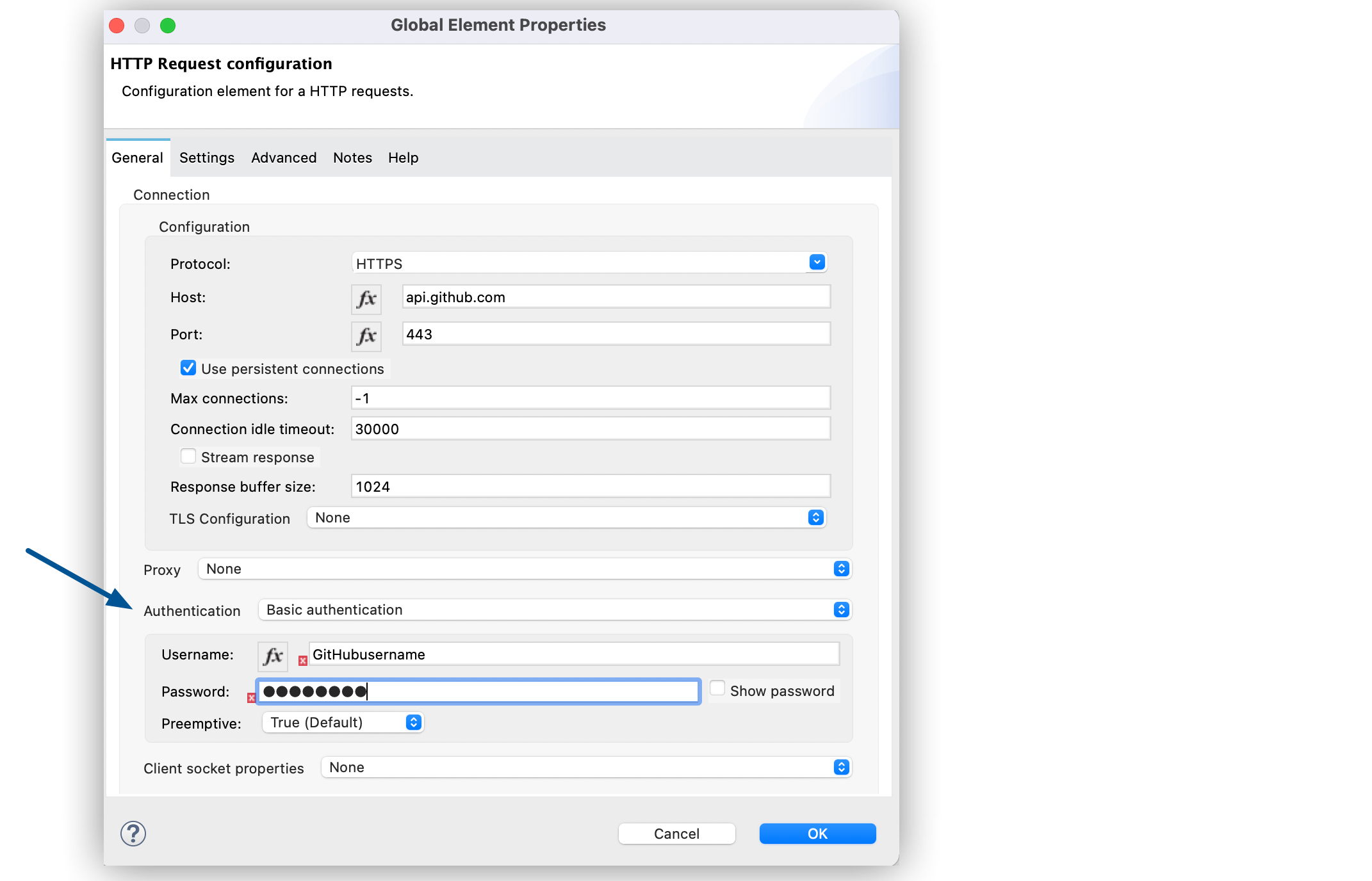 HTTP Request basic authentication window configuration