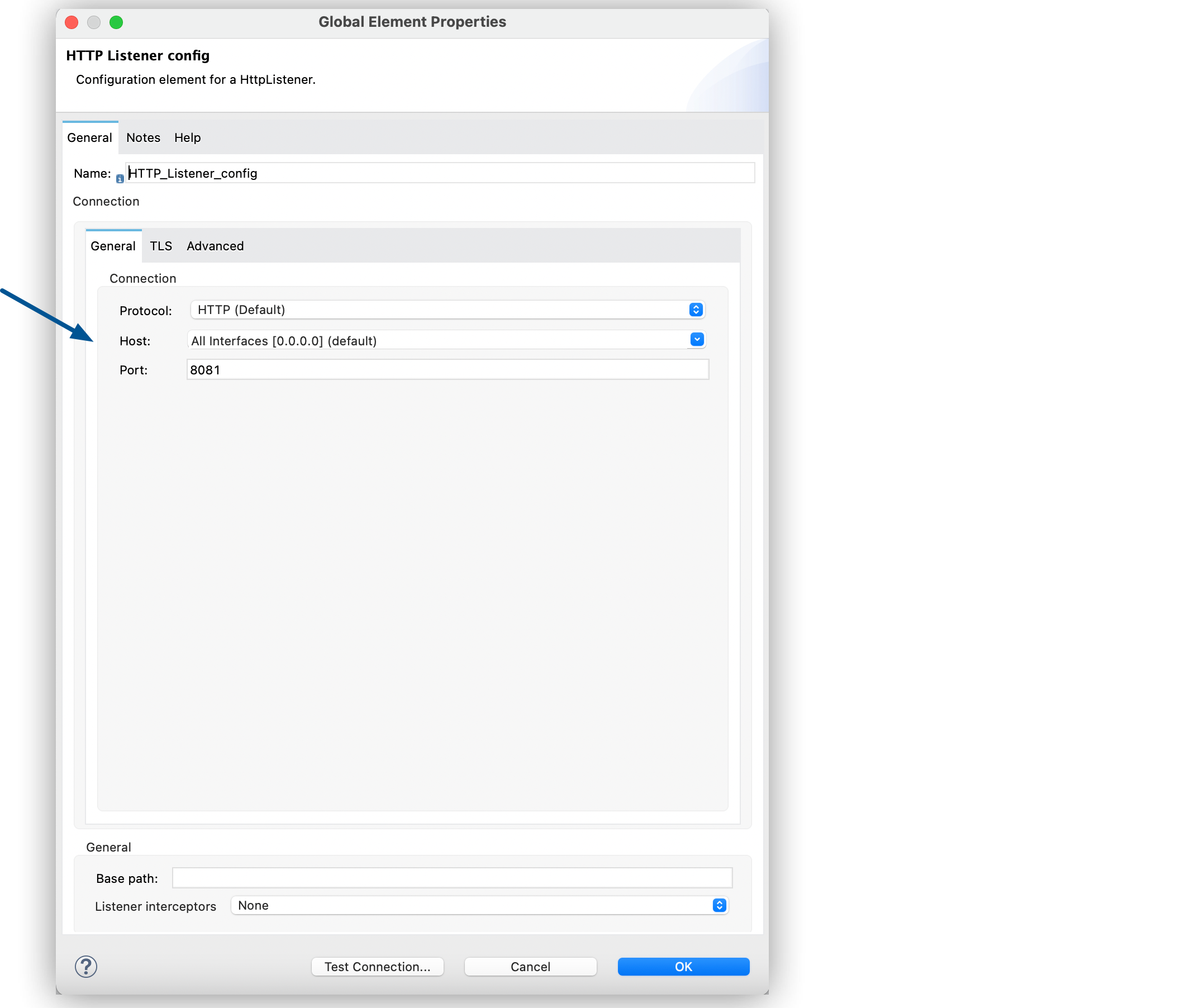 HTTP Listener global configuration window with Host field set to 0.0.0.0 and Port field to 8081