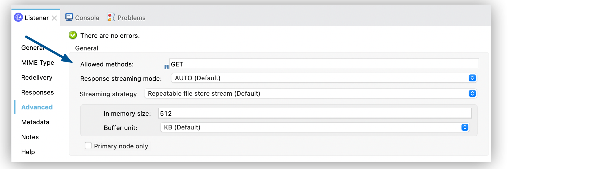 HTTP Listener configuration window and Allowed methods field set to GET