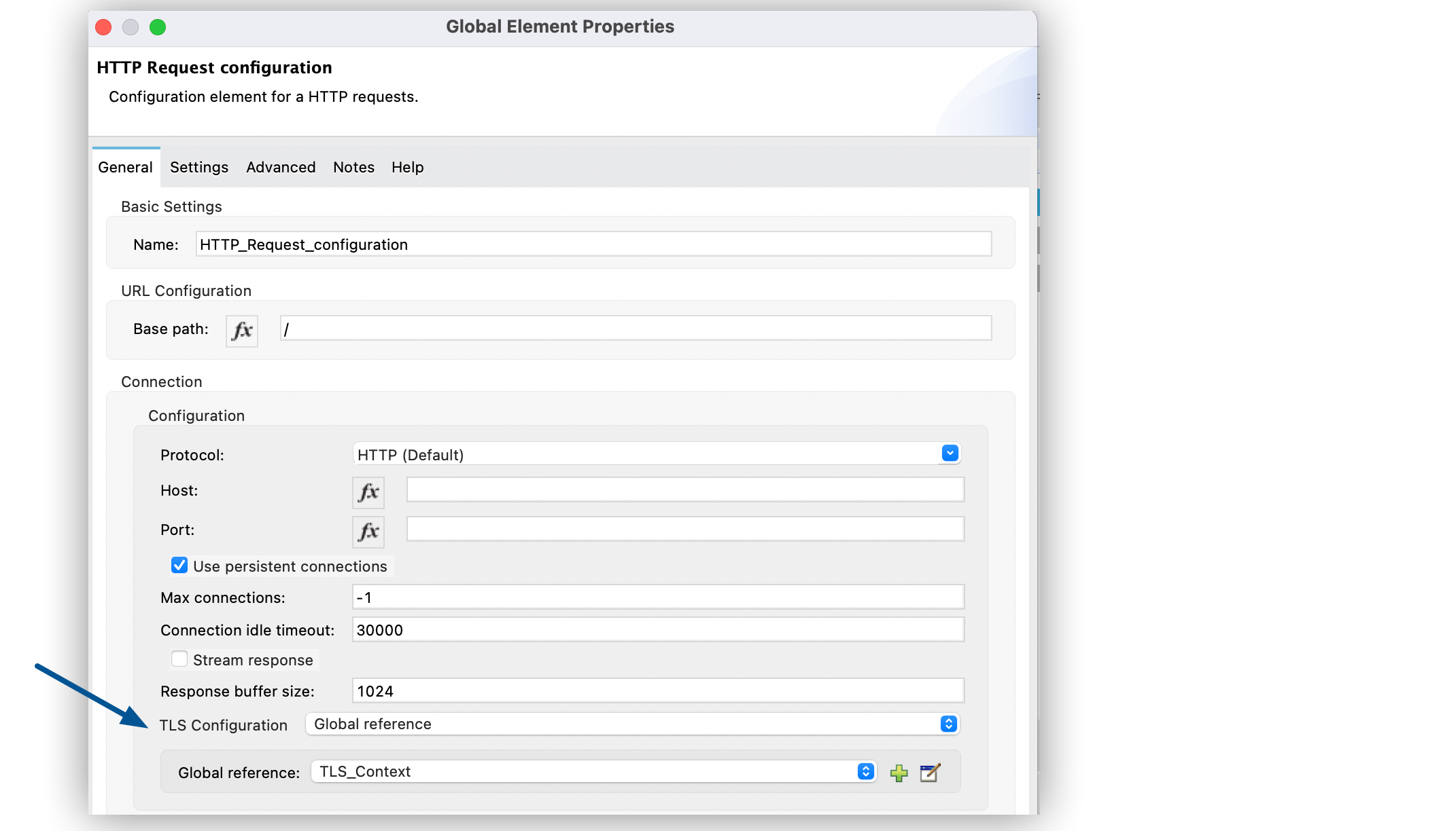 TLS Configuration field set to Global reference