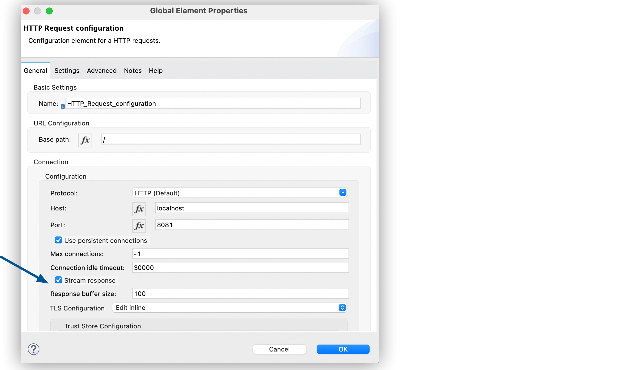 HTTP Request configuration window with Stream response field selected and Response buffer size field set to 100