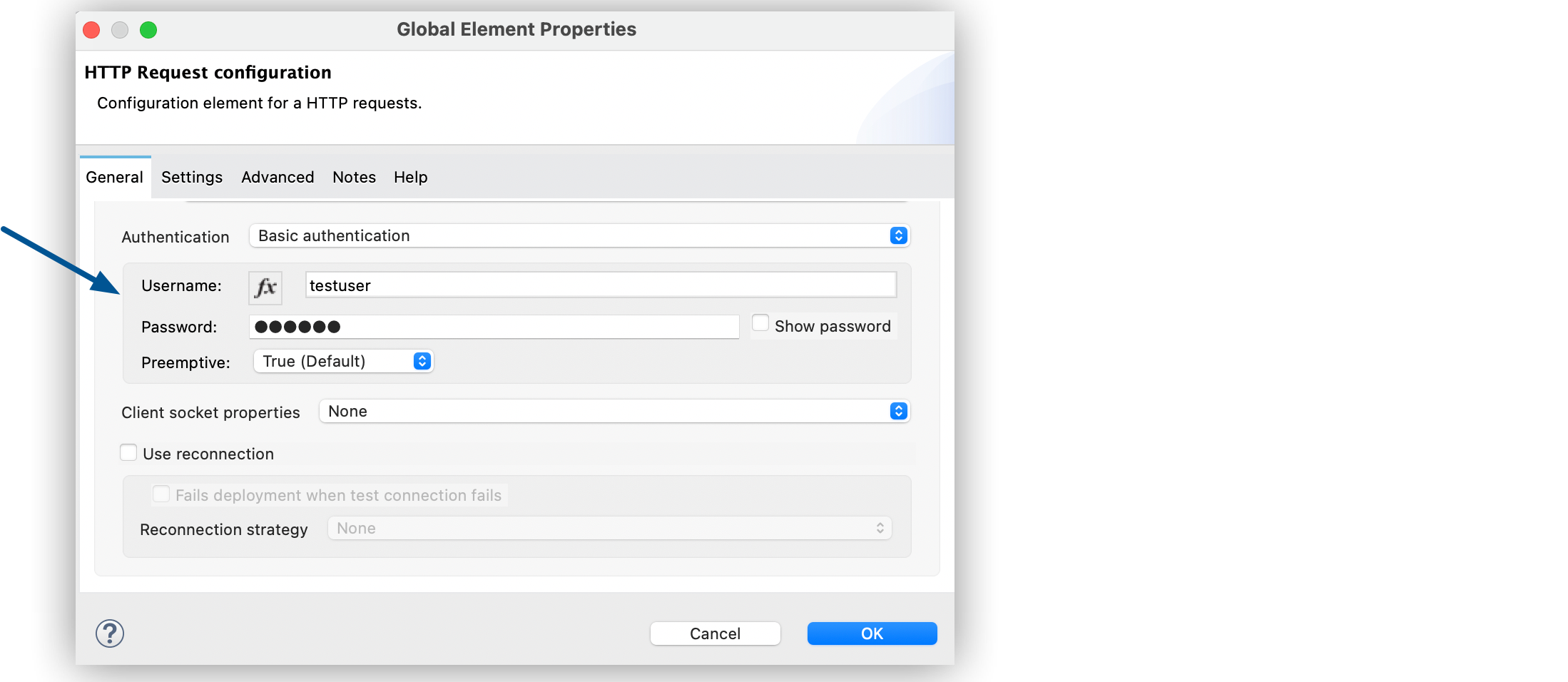 Authentication field set to Basic authentication and User field set to testuser and Password field to Mypassword