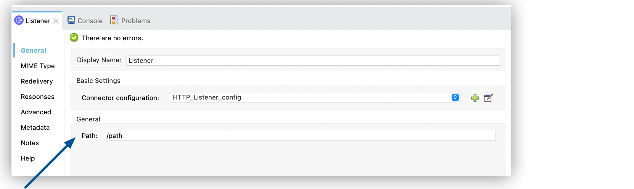 HTTP Listener configuration window and Path field set to /test