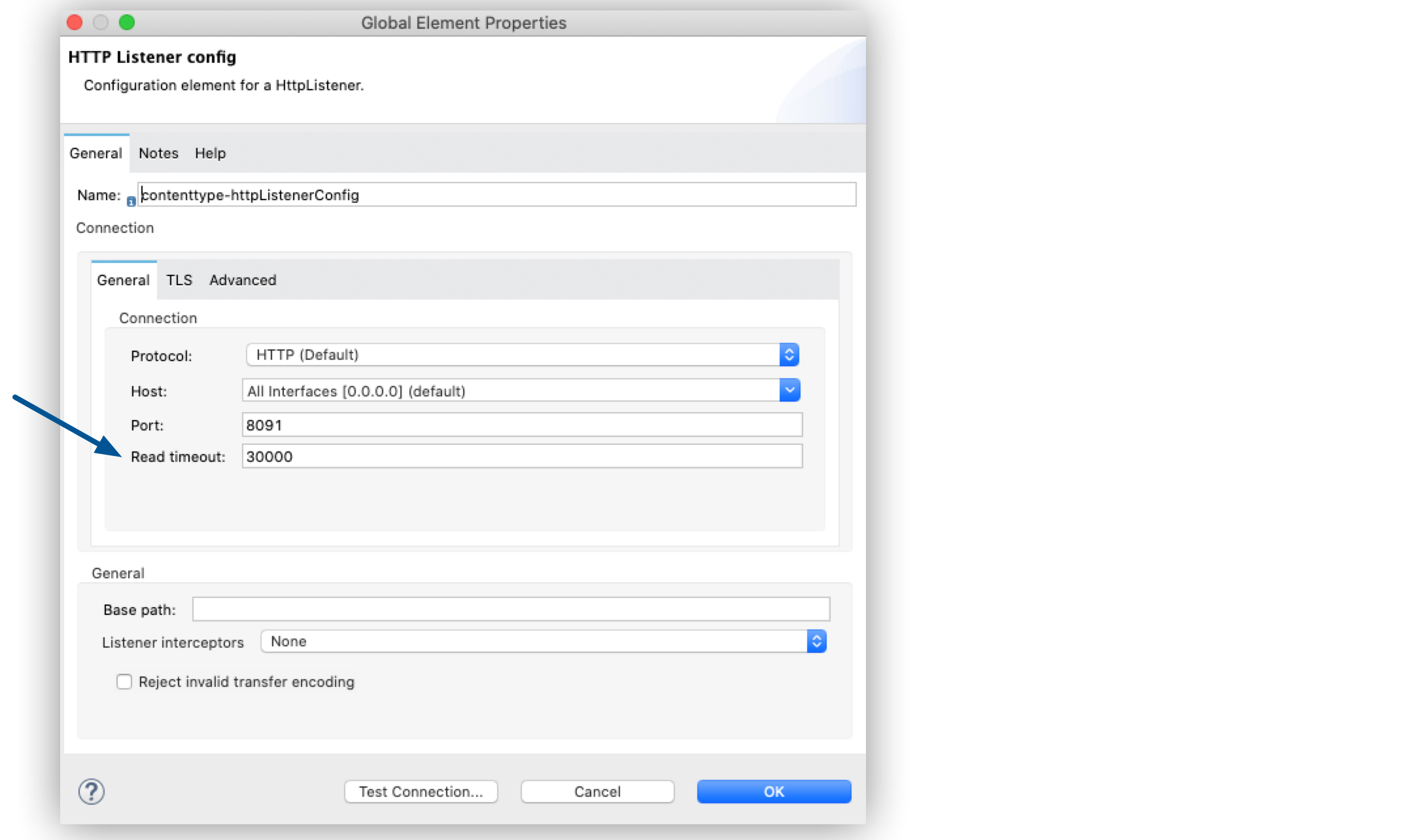 HTTP Listener configuration window with Read timeout field set to 30000