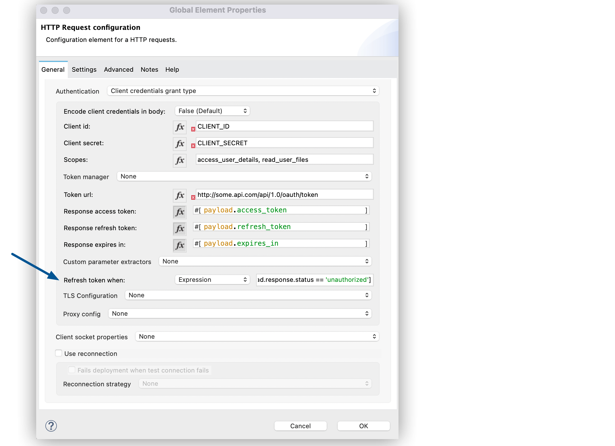 Configure Response Token When field for OAuth2 Client credentials grant type