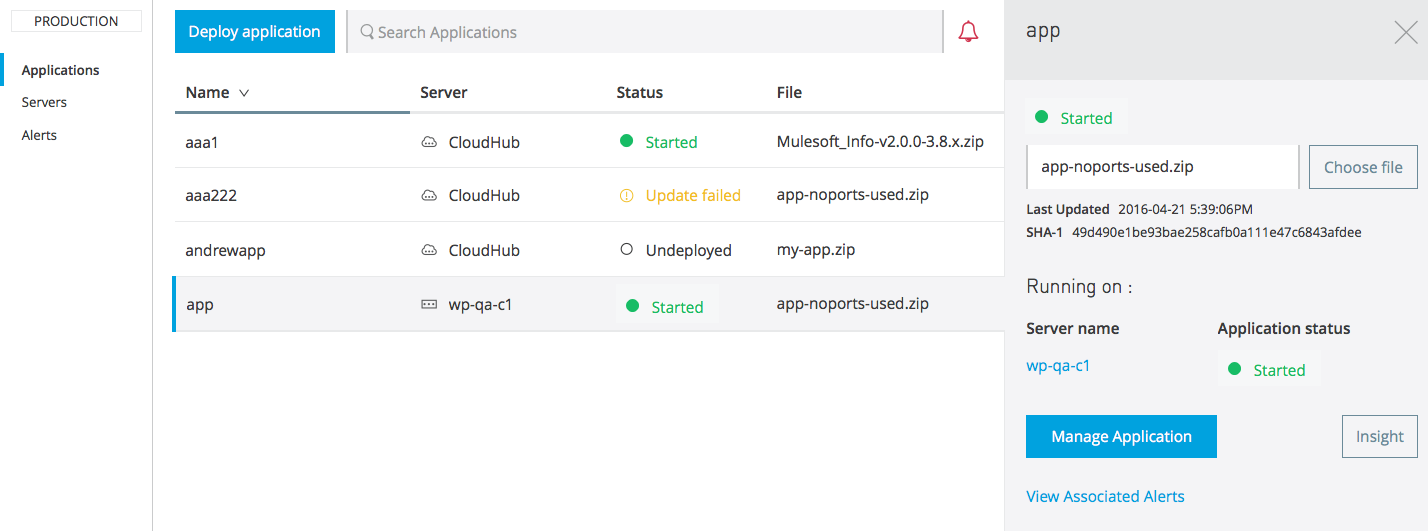 Applications dashboard showing deployed applications list