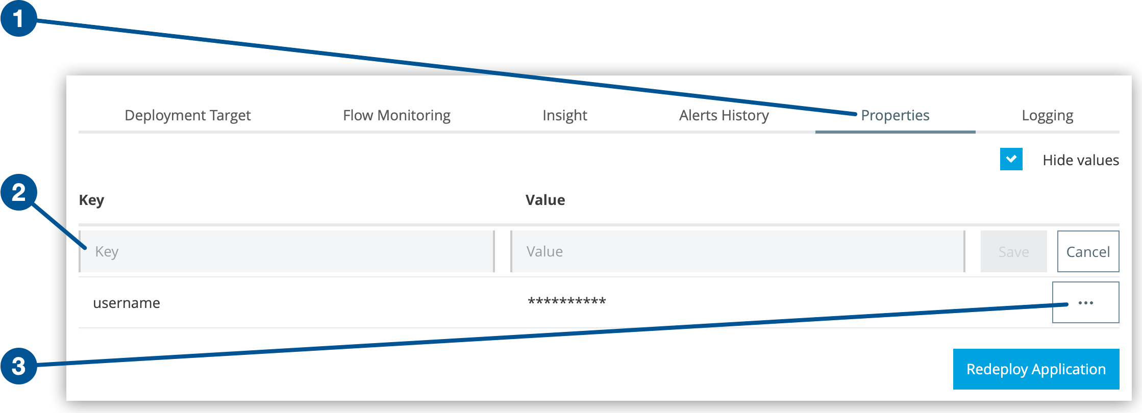 *Properties* tab, *Key* and *Value* fields, and *…​* menu on the *Settings* page