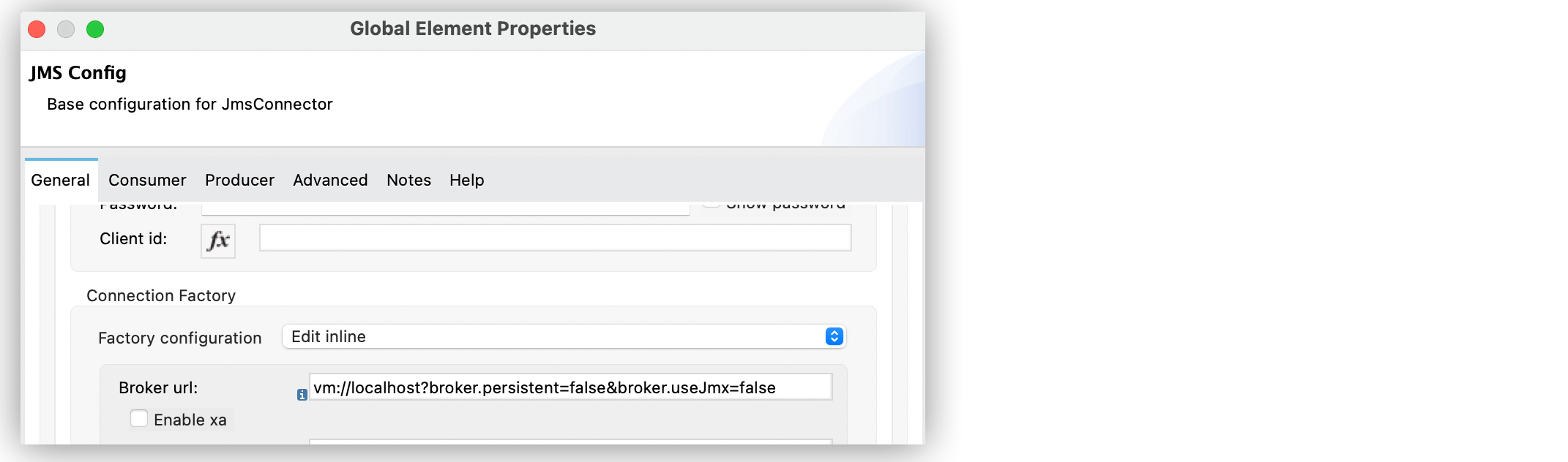 Set the Broker url field to the address of the broker to connect