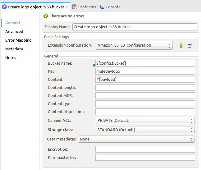 S3 Connector 「Create Logo Object in S3 Bucket (ロゴオブジェクトを S3 バケットに作成)」の [General (一般)] タブ
