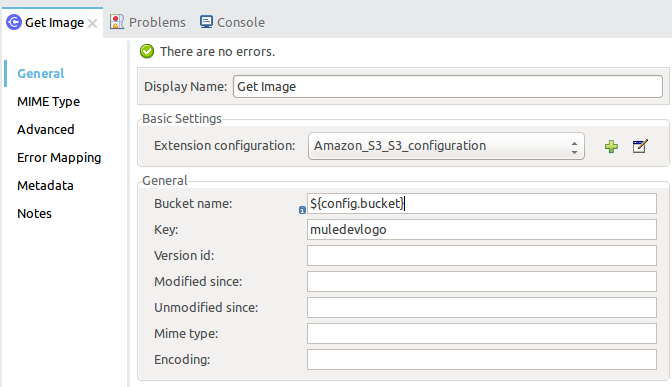 S3 Connector 「Get Image (画像を取得)」の [General (一般)] タブ