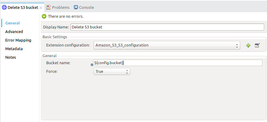 S3 Connector 「Delete S3 Bucket (S3 バケットを削除)」の [General (一般)] タブ