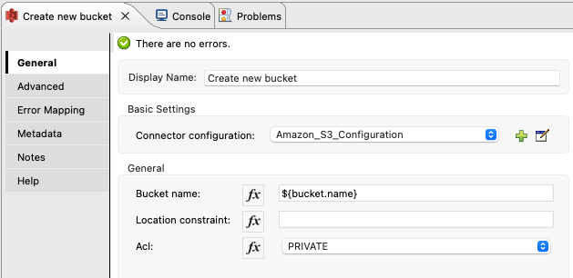 S3 Connector の [S3 General (S3 一般)] タブの[Create Bucket (バケットを作成)]