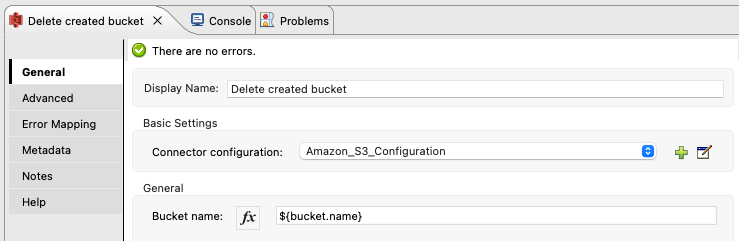 S3 Connector の [Delete S3 Bucket (S3 バケットを削除)]の [General (一般)] タブ