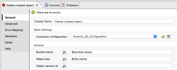 S3 Connector の [Delete S3 Bucket (S3 バケットを削除)]の [General (一般)] タブ