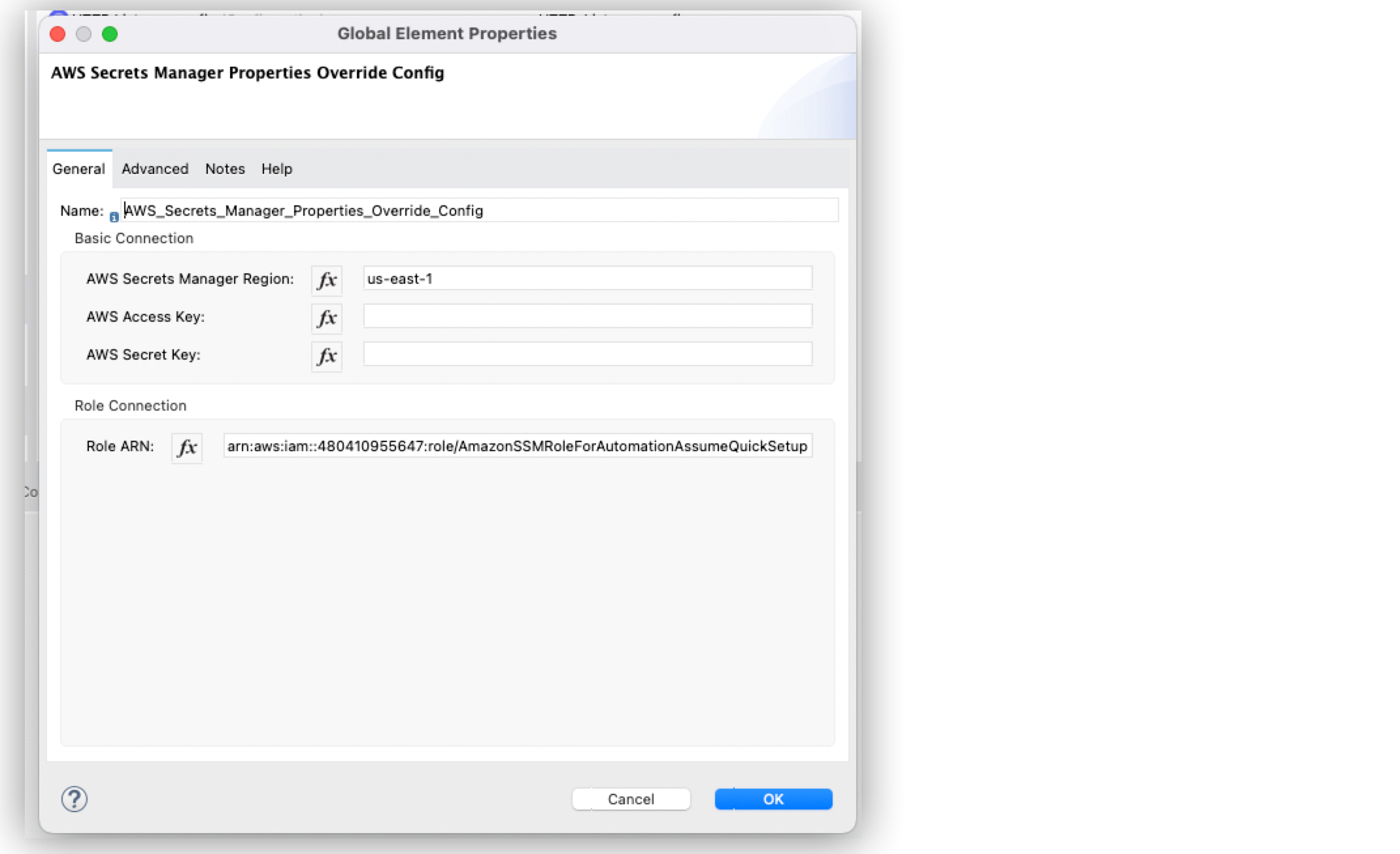 Anypoint Studio の [Global Element Properties (グローバル要素のプロパティ)] ウィンドウの Amazon Secrets Manager Properties Provider の例