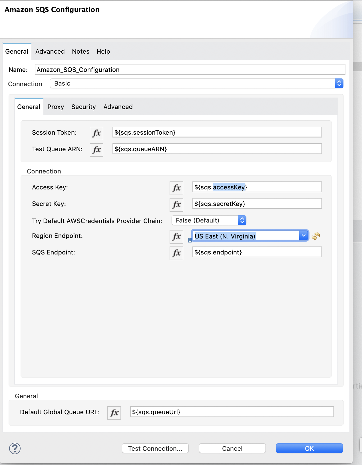 Send 操作のサンプル値を含む [Amazon SQS Configuration (mazon SQS 設定)] ウィンドウ