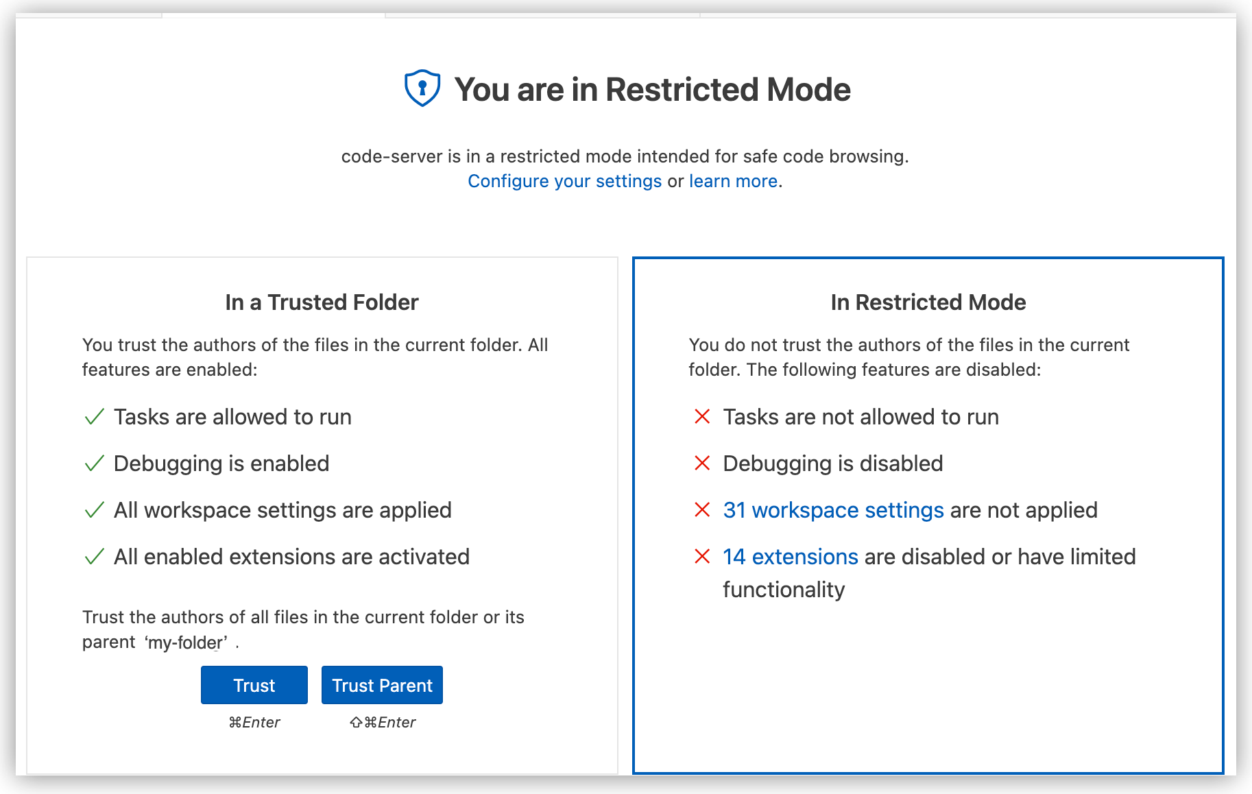 プロジェクトまたはワークスペースが制限モードであることを示す VS Code