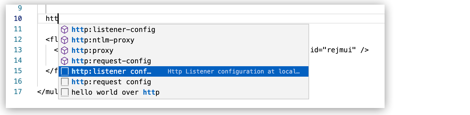 設定 XML メニューで強調表示されている http:listener-config スニペット