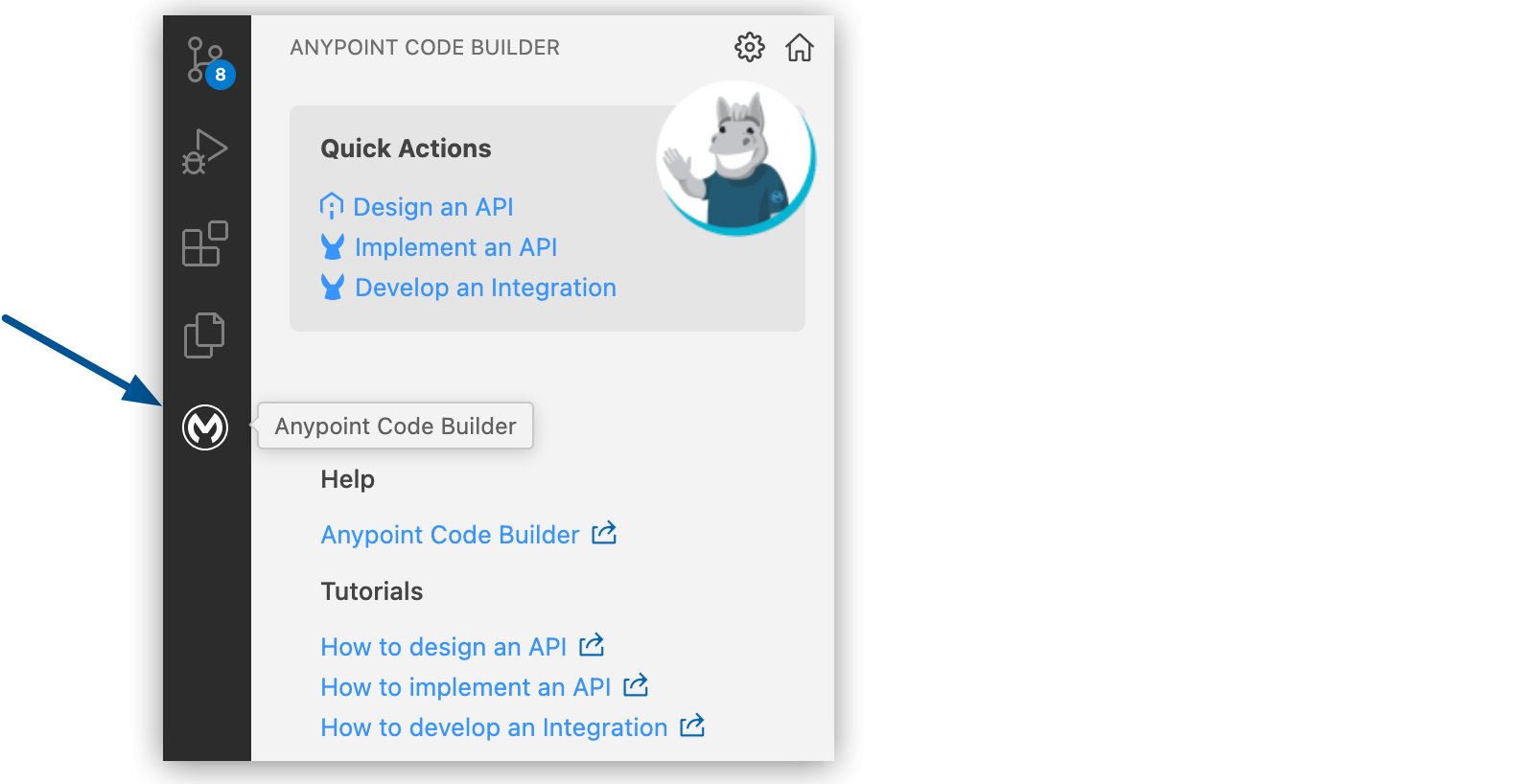 アクティビティバー内で強調表示されている [Anypoint Code Builder] アイコン